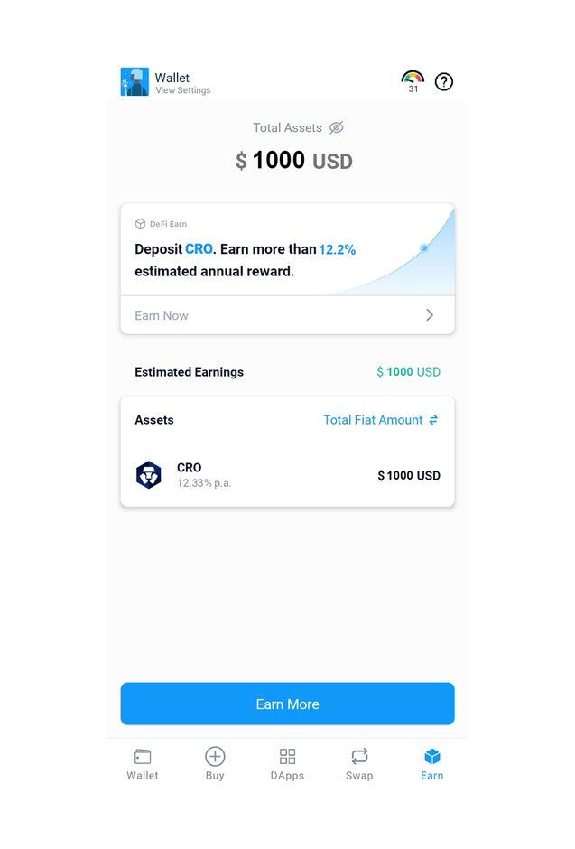Crypto.com DeFi Wallet app showing CRO earnings