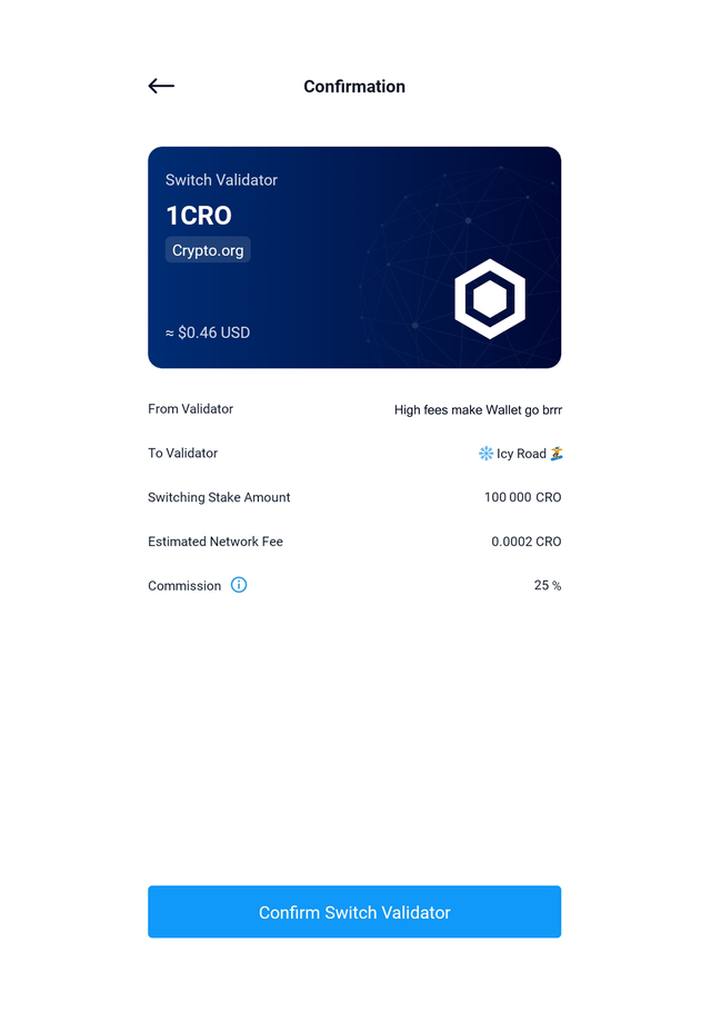 DeFi Wallet confirmation screen switching validator to Icy Road