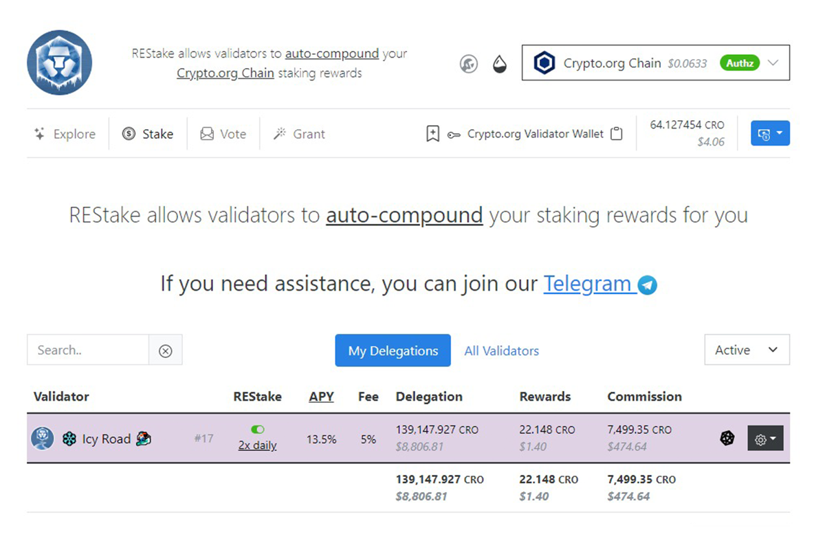 REStake dashboard auto-compounding the Icy Road validator rewards